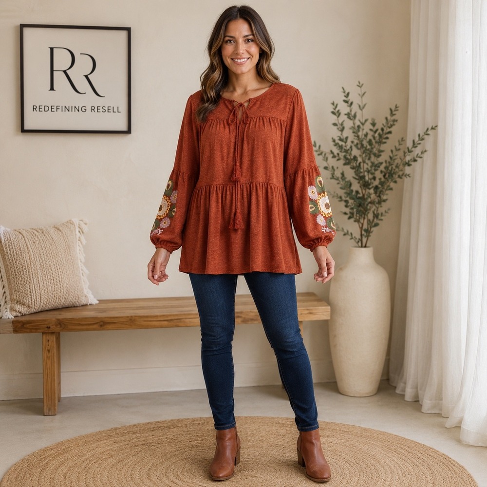 Entro Rust Orange Floral Embroidered Tiered Babydoll Tunic Top Tassel Tie Large